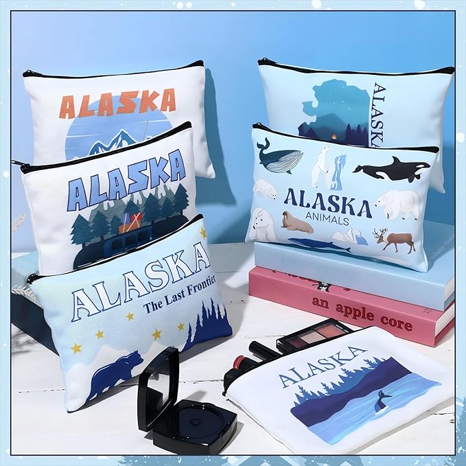 Reginary 6 Pcs City Cosmetic Bag Souvenir Gifts New York Zipper Pouch Chicago Souvenir Seattle Boston Nashville London Paris Italy Alaska Gifts Memento for Women Traveler(Alaska)