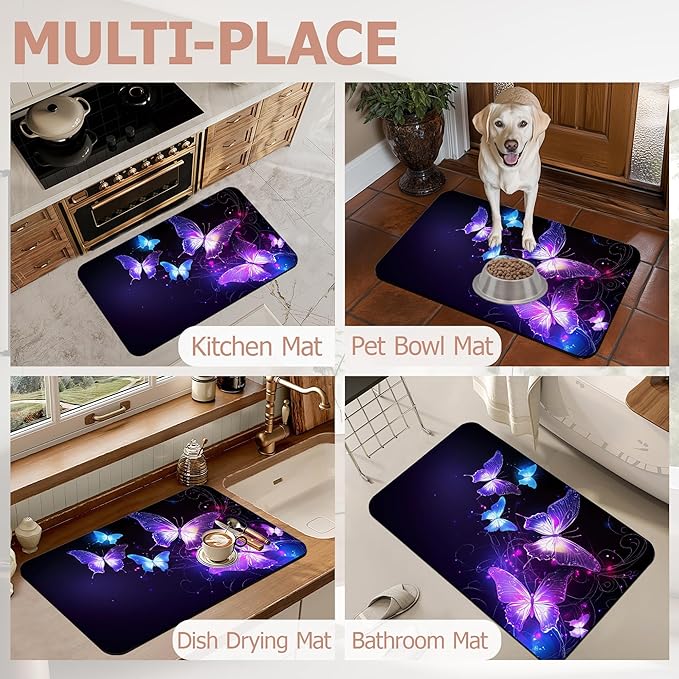 Diatomaceous Earth Bath Mat,Flying Butterflies Bath Rugs,Glowing Stars Non-Slip Thin Absorbent Fast Drying Easy to Clean for Bathroom Laundry Home Kitchen Door Mat 17x29.5Inch