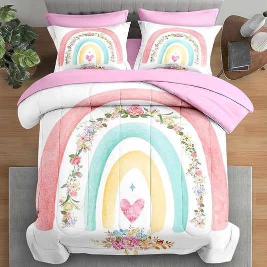 Comforter Set Twin Size, Cute Heart Pink Rose 5 Pcs Bedding for Kids and Adults, Rainbow Leaves Vintage Bed Sheet Sets with Fitted Sheet Pillowcase & Sham for Bedroom Bed Decor