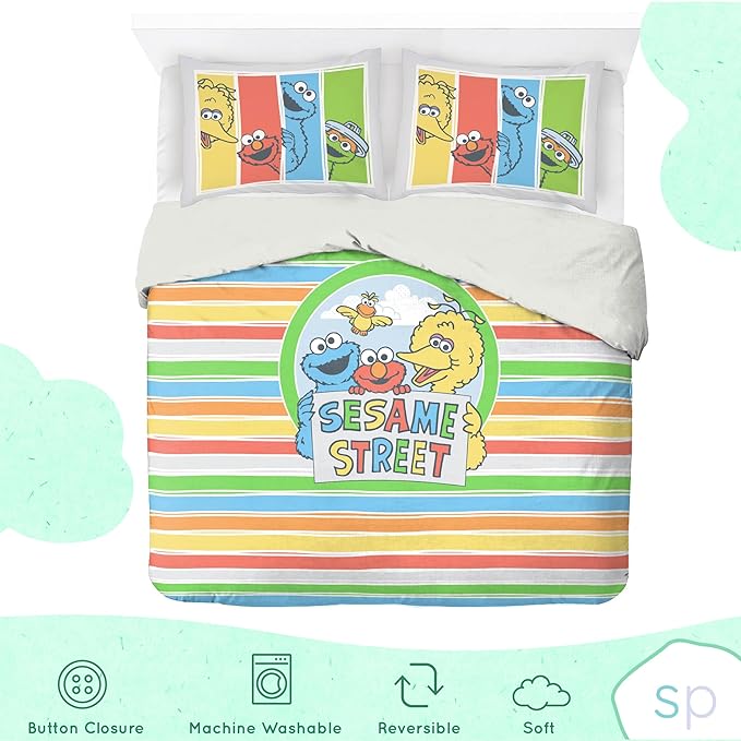 Saturday Park Sesame Street Full/Queen Duvet Cover and Sham Set - Elmo and Cookie 3 Piece 100% Organic Cotton Duvet Set - GOTS & Oeko-TEX Certified