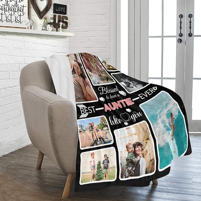 Custom Blanket Gifts with Photos, Personalized Bed Throws for Aunt, Custom Souvenir Throw Blanket for Best Aunt Ever, 8 Collages Made in USA