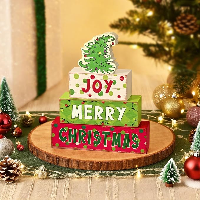 Yinhua Christmas Decorations Indoor, Christmas Table Decor, Funny Xmas Tree Decorations, Farmhouse Wooden Block Sign, Table Top Decors, Xmas Mantel Decor for Tiered Tray, Desk, Bookshelf