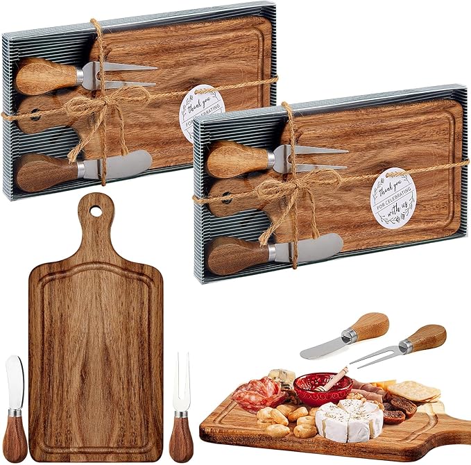 2 Set Bridal Baby Shower Cheese Prizes Wooden Square Board Gift Set Knives Forks Thank You Tags with Box for Guests for Valentines Bridal Baby Shower Housewarming Gifts (Acacia Color)