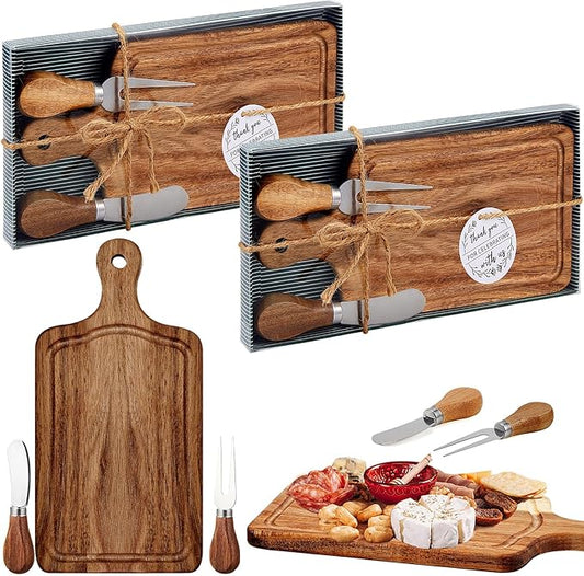 2 Set Bridal Baby Shower Cheese Prizes Wooden Square Board Gift Set Knives Forks Thank You Tags with Box for Guests for Valentines Bridal Baby Shower Housewarming Gifts (Acacia Color)