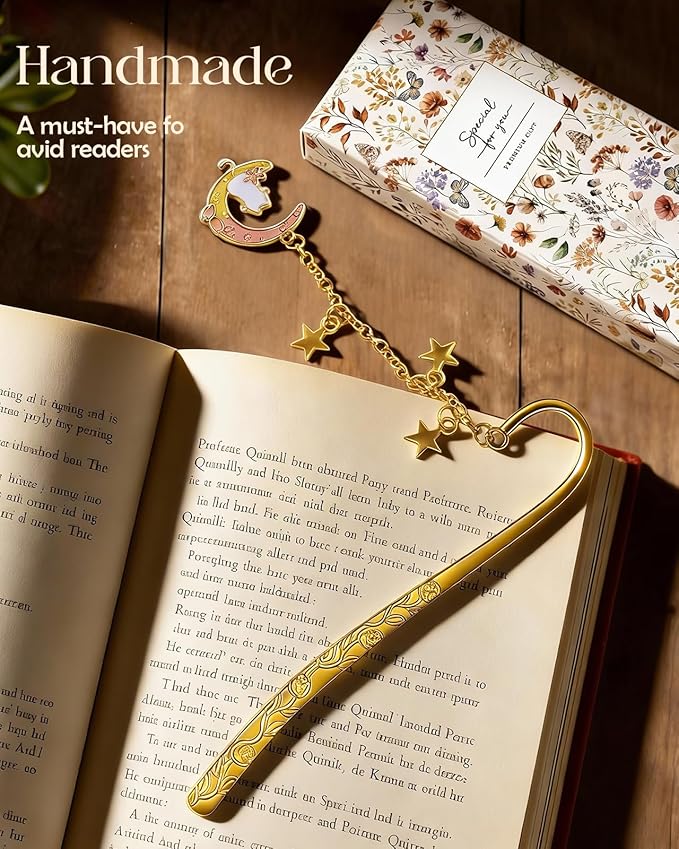 Buleens Bookmarks for Women Reading - Book Marks for Readers Book Lovers, Cute Gold Feather Cat Moon Star Personalized Metal Bookmark with Pendants, Pretty and Aesthetic Book Accessories Reading Gifts
