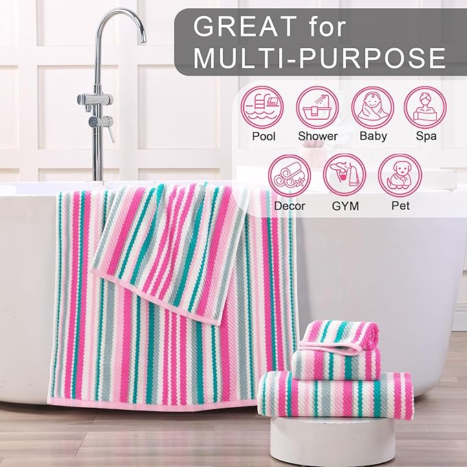 VOOVA & MOVAS Pink Soft Washcloths Set (6PC, 100% Cotton), Wash Cloth 13" x13, Striped Absorbent Washcloths Set for Bathroom & Guest, Luxury Wash Cloths Gift Set, Pink and Aqua Stripe