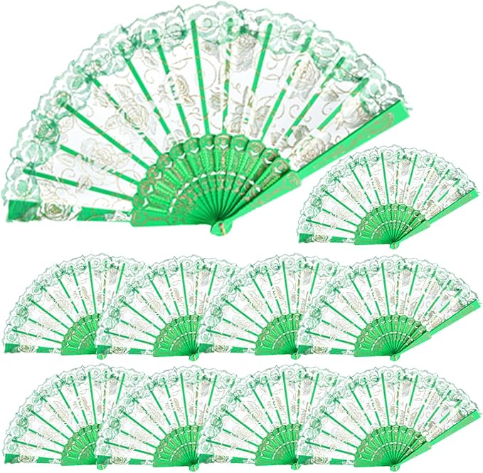 QIRMIZI 30pcs Silk Folding Hand Fans,Silk Fans,Green Rose Fans,Perfect for Weddings, Parties, and Dancing,Green