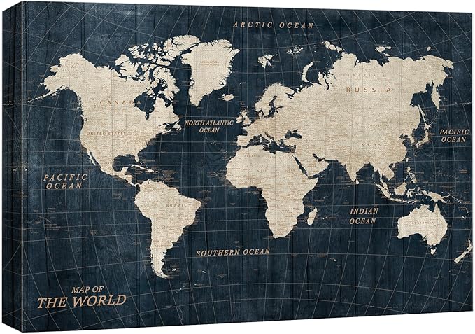 wall26 Canvas Print Wall Art Vintage Navy Blue World Map Classic World Atlas Digital Art Modern Art Traditional Colorful for Living Room, Bedroom, Office - 16"x24"