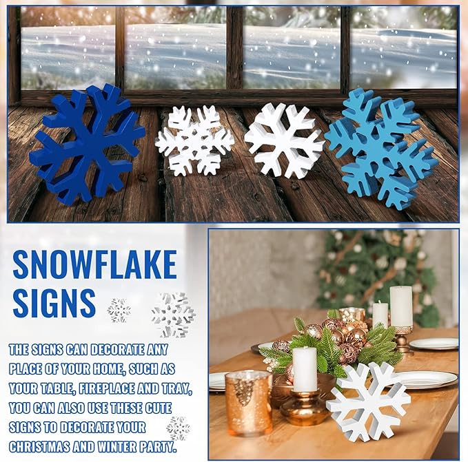 Blulu 4 Pcs Winter Wooden Snowflakes Decor Tabletop Decorations Christmas Snowflake Signs Winter Wooden Xmas Standing Table Sign Christmas Fireplace Decoration for Party Birthday(White and Blue)
