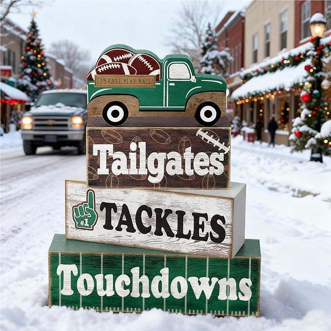 4 Pcs Football Decor, Rustic Football Wooden Signs for Room, Table, Shelf, Locker Room, Sports Centerpieces for Bedroom, Living Room, Coach & Senior Night Gifts
