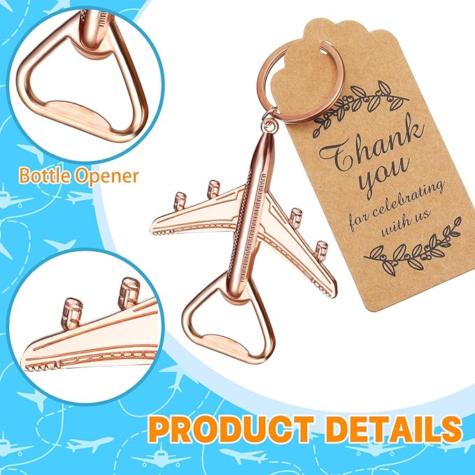 Honeydak 20 Set Airplane Bottle Opener Keychains with White Sheer Favor Bag Thank You Card Tags for Wedding Favor Baby Shower Return Presents Travel Theme Party Let the Adventure Begin