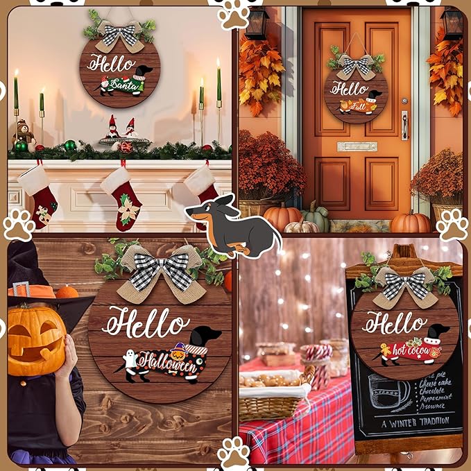 Glenmal 16 Pcs Seasonal Dachshund Door Decor for All Season and Holiday Hanging Cute Christmas Dachshund Welcome Sign Rustic Wooden Farmhouse Front Door Signs Outdoor(Dark Wood Grain)