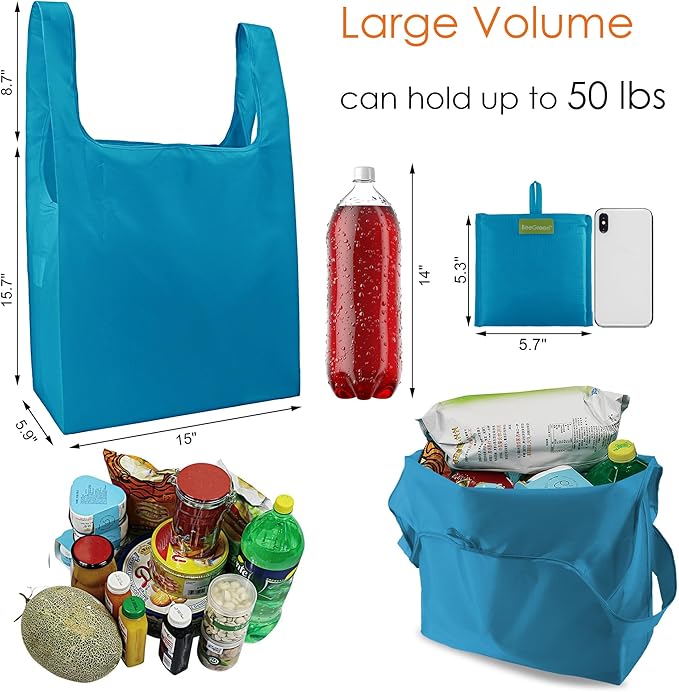 BeeGreen Light Blue Reusable Grocery Bags with Zipper Storage Pouch 10 Packs Blue Reusable Shopping Bags Bulk Foldable-Machine Washable