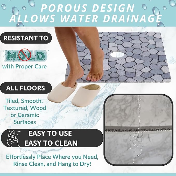 Shower Mat with Center Drain Hole - Secure Loofah Non Slip Shower Mats for Inside Shower - 27x27 Square Bath Mats for Shower - Anti Slip Shower Stall Mat - Square Shower Floor Mat (27x27 Pebble Blue)