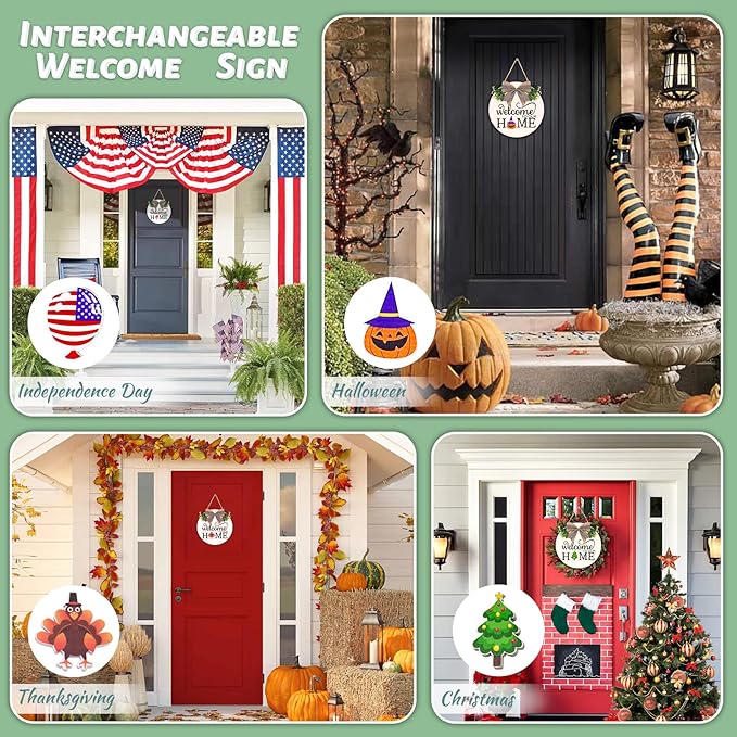 Interchangeable Welcome Sign for Front Door - Solid Wooden Welcome Wreaths with 16 Seasonal Holiday Icons Front Door Decor for Farmhouse Hanging, Valentine's, Easter Christmas Housewarming Gift Decor