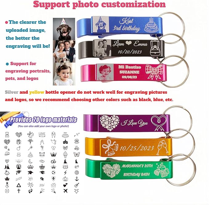 WYPAS 50pcs Personalized Bottle Opener - Custom Bottle Opener Keychain for Wedding, Anniversary, party,Support for Customized Logos., 64mmÃ—12mmÃ—14mm