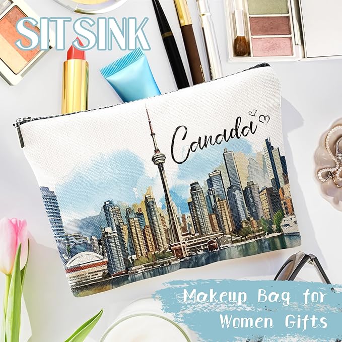 Canada Souvenirs Makeup Bag - Canada Gifts for Traveler, Montréal CN Tower Toronto Landscape Majestic Scene of Canda, Birthday Gifts for Travel Enthusiast