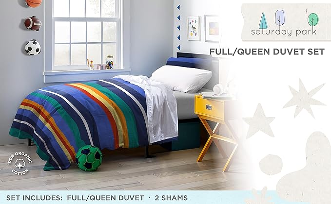 Saturday Park Vintage Stripe Full/Queen Duvet Cover & Sham Set - 3 Piece 100% Organic Cotton Duvet Set - GOTS & Oeko-TEX Certified
