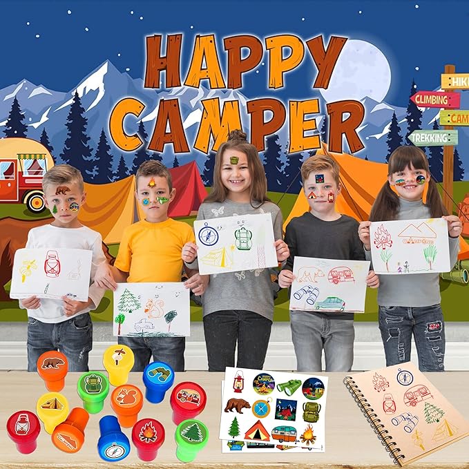 36PCS Camping Party Favors - 24PCS Temporary Tattoos & 12PCS Stamps - Ideal Adventure Themed Birthday Card Decorations Supplies Goodie Bag Cute Rewards for Boys Girls Classroom Gifts Baby Shower