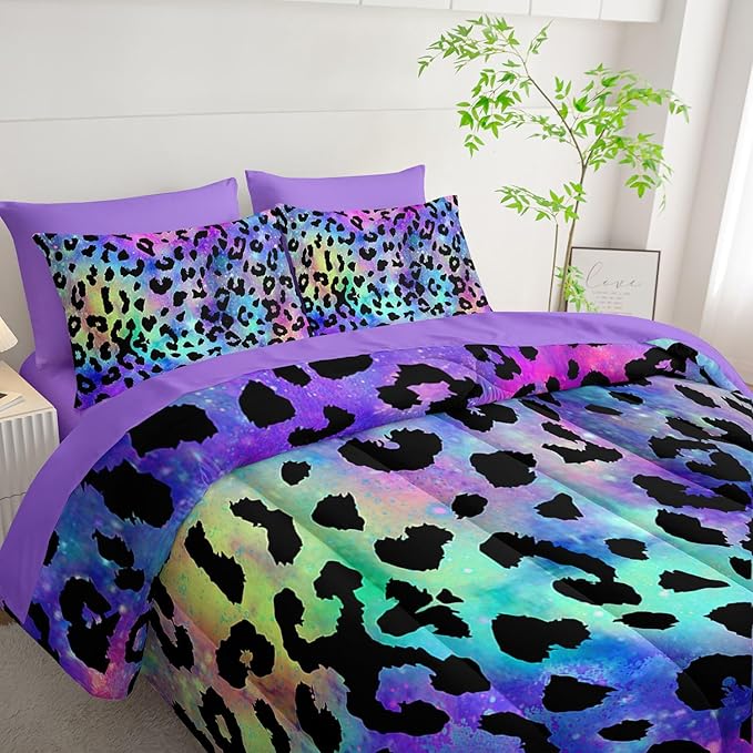7Pcs Comforter Set Purple Leopard Printed Bedding Set with 1 Comforter, 1 Flat Sheet, 1 Fitted Sheet and 4 Pillowcases for Boys and Girls Bedroom All Season(Full)