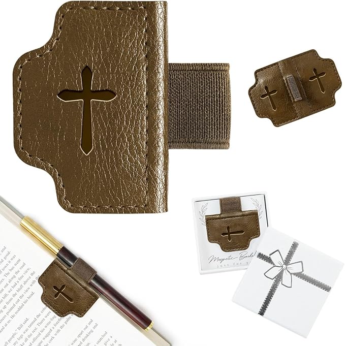 BygoneMark Magnetic Leather Bookmark with Pen Holder, Personalized Custom Initial Page Marker & Pen Clip, Professional Book Accessory for Students (Dark Brown-Cross)