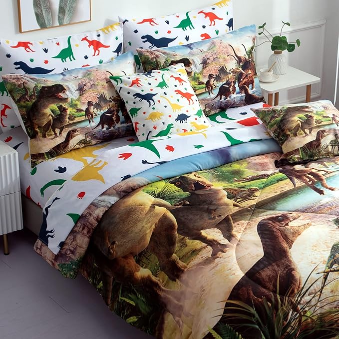 9 Piece Dinosaur Comforter Set Bed in a Bag Full Size for Teen Kids Adults,3D Jungle Dinosaur Quilt Set,(1 Comforter+4 Pillowcase+1 Flat Sheet+1 Fitted Sheet+2 Throw Pillow Cover)