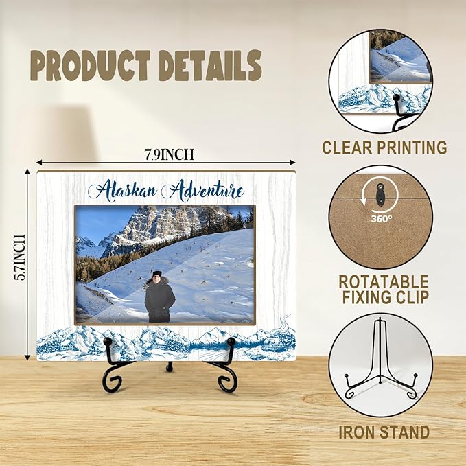 Lesixur Alaska Adventure 4x6 Photo Frame, Wooden Picture Frame with Iron Stand, Honeymoon Vacation Gifts for Friends Family Couples, Alaska Souvenirs Office Home Desk Decor Tabletop Display -049