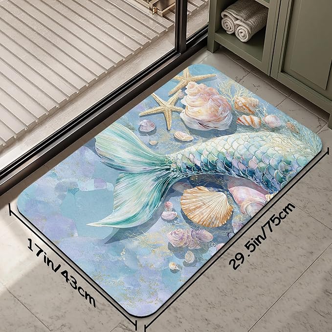 Bathroom Rug 29.5"x17",Mermaid Shell Bath Mat with Non-Slip Rubber Backing, Quick-Drying Absorbent Thin Floor Mat for Bathroom, Shower, Sink, or Kitchen