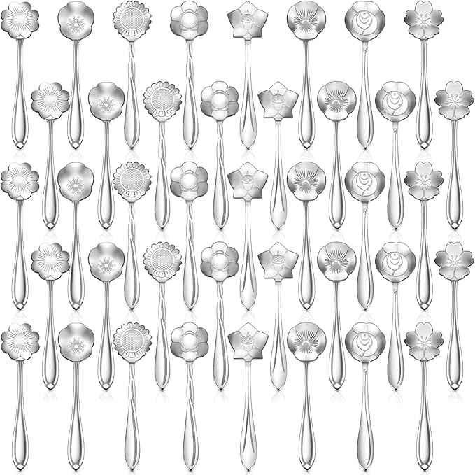 Eboot 40 Pcs Silver Flower Teaspoon Stainless Steel Tea Party Spoons Mini Cute Teaspoon for Stirring Coffee Sugar Drink Demitasse Kitchen Bar Tableware Party Favors Decorations