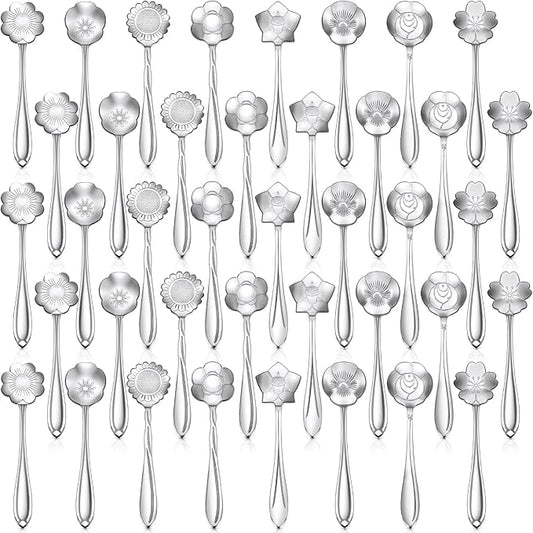 Eboot 40 Pcs Silver Flower Teaspoon Stainless Steel Tea Party Spoons Mini Cute Teaspoon for Stirring Coffee Sugar Drink Demitasse Kitchen Bar Tableware Party Favors Decorations