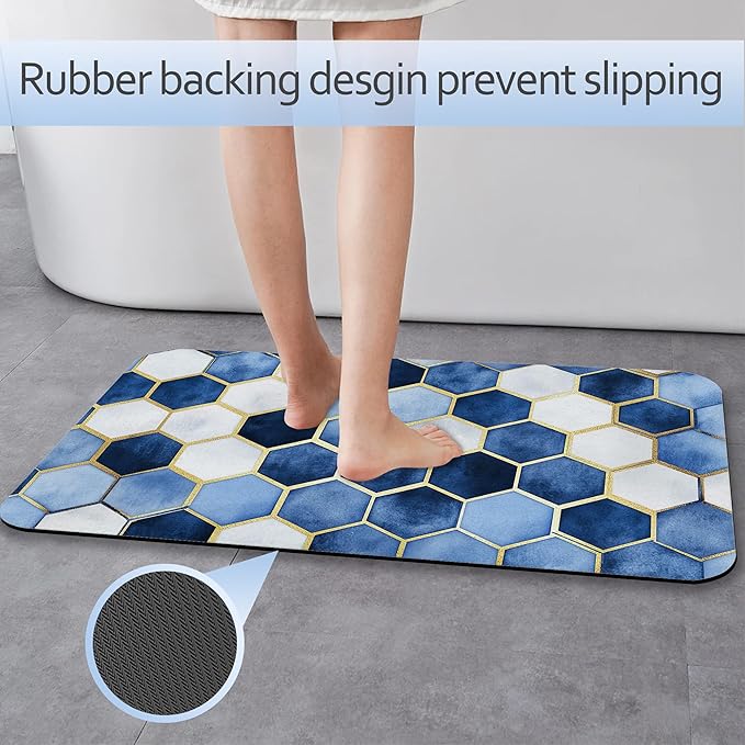 Blue Marble Bathroom Mat, Non-Slip Rubber Backing Thin Low-Profile Bath Rug, Easy-Clean Bathroom Floor Mat for Shower, Bathtub, Kitchen, or Entryway