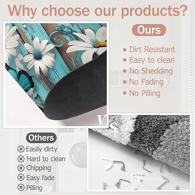 Diatomaceous Earth Bath Mat,White Daisy Bath Rugs,Vintage Wood Non-Slip Thin Absorbent Fast Drying Easy to Clean for Bathroom Laundry Home Kitchen Door Mat 17x29.5Inch