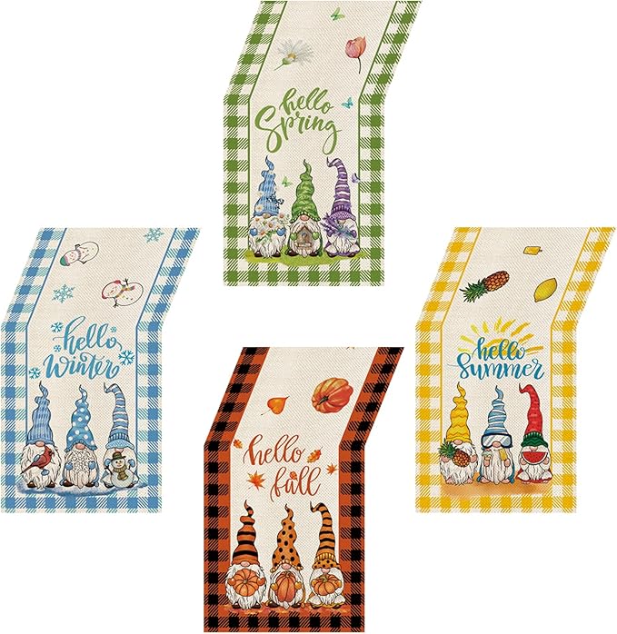4 Pcs Cute Gnomes Buffalo Plaid Table Runner 72 Inches Long, Hello Spring Hello Summer Seasonal Table Decor, Hello Fall Hello Winter Burlap Table Runner for Kitchen Farmhouse Home Party