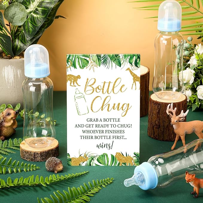 TrelaCo Safari Cool Baby Shower Games Bottle Chug Sign Wooden Jungle Animals Theme Gift Sets Gender Reveal Party Supplies and 12 Pcs Baby Bottle Shower Favor for Games Gender Reveal