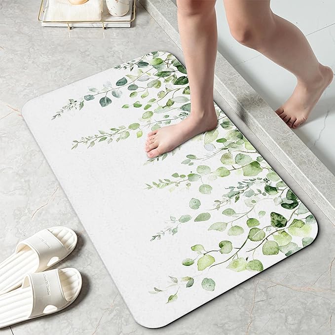 Vintage Eucalyptus Leaves Bath Mat 29.5"x17",Slim Low-Profile Fast Drying Super Absorbent Bathroom Rug with Non-Slip Backing, Easy-Clean Modern Floor Mat for Tub, Shower, or Entryway