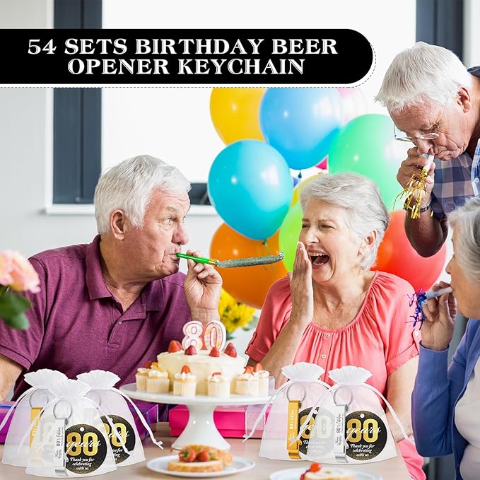 Dandat 54 Sets 80th Birthday Party Favors for Guests Birthday Beer Opener Keychain Cheers to 80 Bottle Opener Keychain with Thank You Cards and Gift Bags for Anniversary Wedding Party Favors