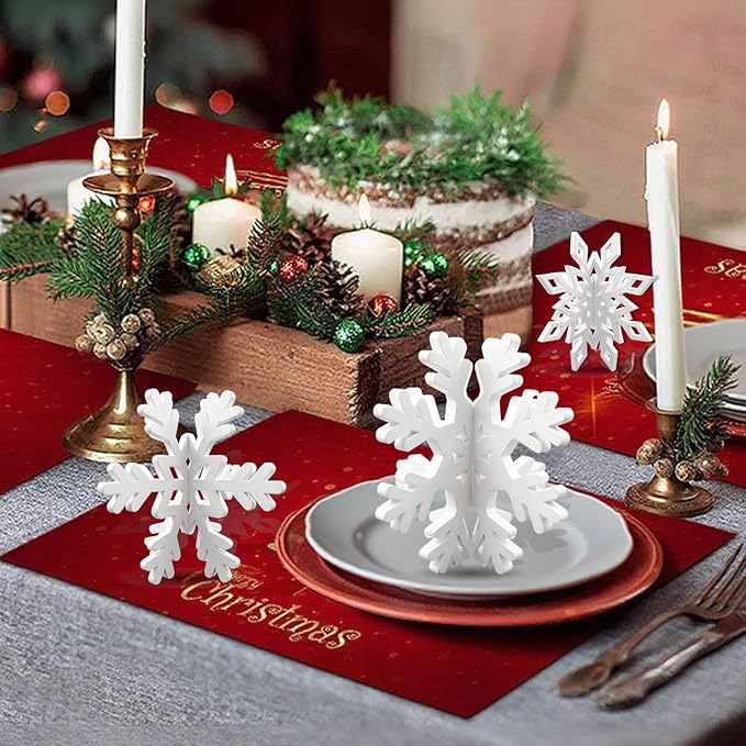 48 Pcs Wooden Snowflakes Table Decor for Christmas Table, 3D Snowflake Tabletop Signs Centerpiece for Xmas Winter Wonderland Decorations Home Party(White)