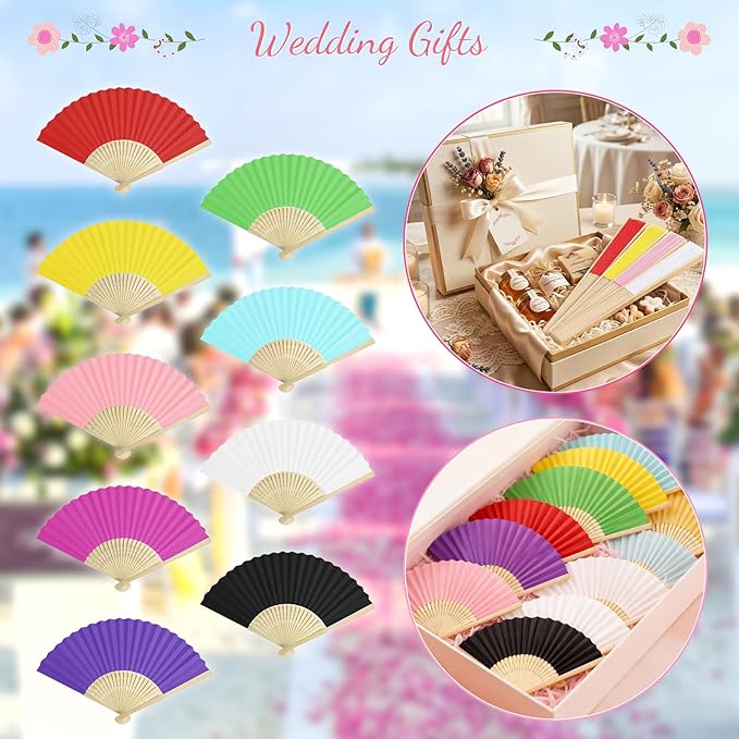 50 Pieces Paper Fans Paper Hand Fan Bamboo Folding Fan Handheld Fan Paper Folded Fan Paper Fan for Wedding Party and Home Decoration (Hot Pink)