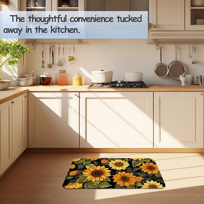 Retro Sunflowers Fast Drying Absorbent Bathroom Mat, Non-Slip Rubber Backing Thin Low-Profile Bath Rug, Easy-Clean Bathroom Floor Mat for Shower, Bathtub, Kitchen, or Entryway