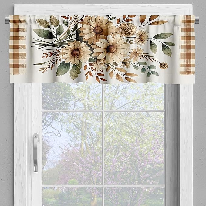 Ambesonne Sunflower Window Valance Pack of 2, Plaid Ornate Autumn Tones Daisy Huddle with Leaves Cottagecore Vibe, Rod Pocket Curtain Valances Kitchen Bedroom, 42" X 12",Tan Taupe and Dark Pink