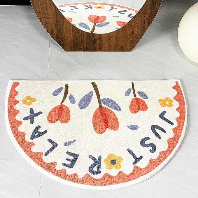 Washable Cute Bath mat for Bathroom,31x20 Half Circle Non-Slip Small Bath Rugs, Absorbent Quick Dry Bath mats, Plush Carpet for Bathtub, Boho Farmhouse Decor
