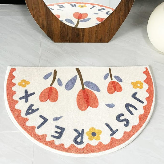 Washable Cute Bath mat for Bathroom,31x20 Half Circle Non-Slip Small Bath Rugs, Absorbent Quick Dry Bath mats, Plush Carpet for Bathtub, Boho Farmhouse Decor