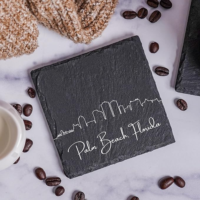 Blue Ridge Mountain Gifts - Palm Beach FL Skyline Coasters, Set of 4 - Palm Beach Florida Souvenir, Slate Coasters with Minimalist Skyline, Housewarming Gift for Friends, Family, & Neighbors