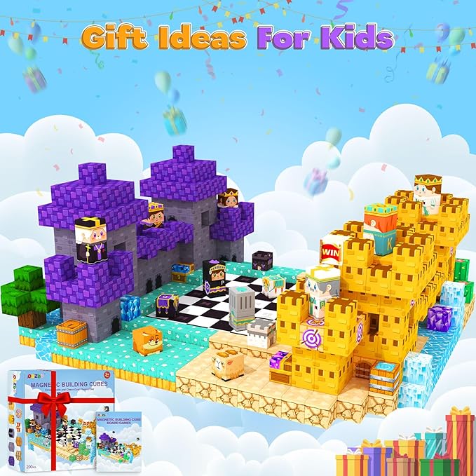 200PCS Magnetic Blocks Board Games Chess Set, Magnetic Tiles Building Blocks Kids Classroom Must Haves Montessori Education Sensory Magnet Cubes Toys, Toddler Birthday Gift for 3+ Year Old Boys Girls.
