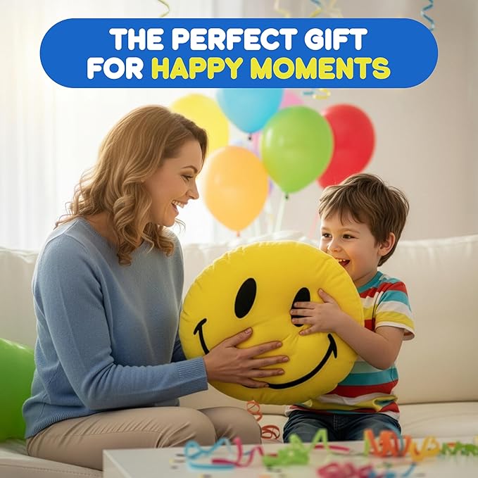 Smiley Face Pillow - Cute Plush for Fun Bedroom Decor - 16" X 16" Soft Cotton Cool Kids' Throw Pillows with Inserts Included - Birthday Gift - Room Decor Aesthetic for Bedroom. (Blue)