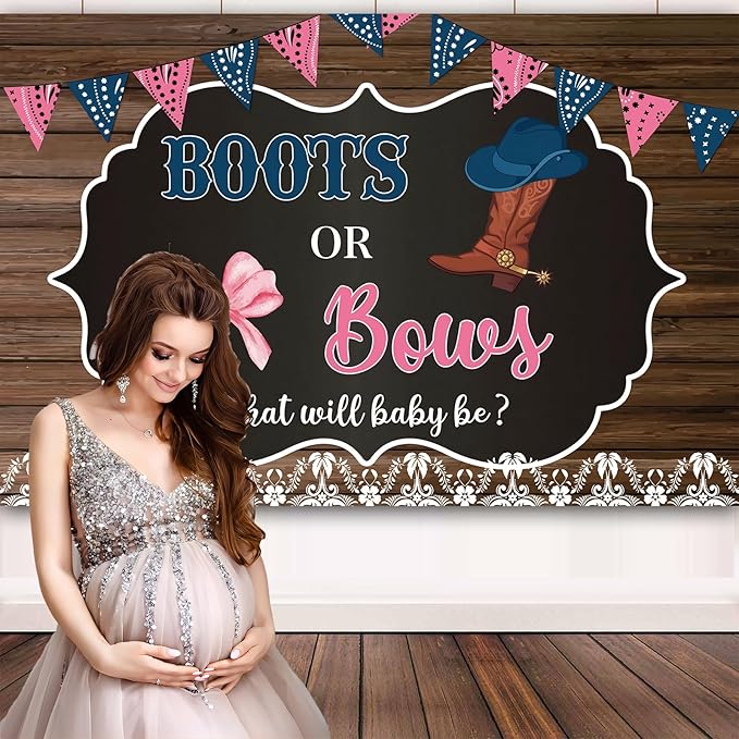 Western Cowboy Boots or Bows Gender Reveal Backdrop for Boy or Girl 7x5Ft Baby Shower Newborn Party Banner Photo Background Party Decoration Supplies Polyester Fabric Reusable