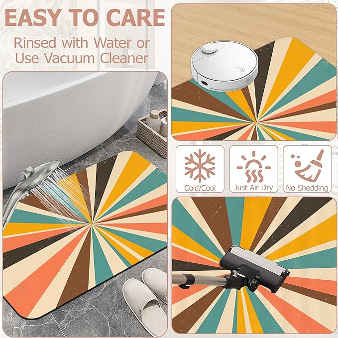Diatomaceous Earth Bath Mat,Retro Vintage Bath Rugs,Radial Rays Non-Slip Thin Absorbent Fast Drying Easy to Clean for Bathroom Laundry Home Kitchen Door Mat 17x29.5Inch