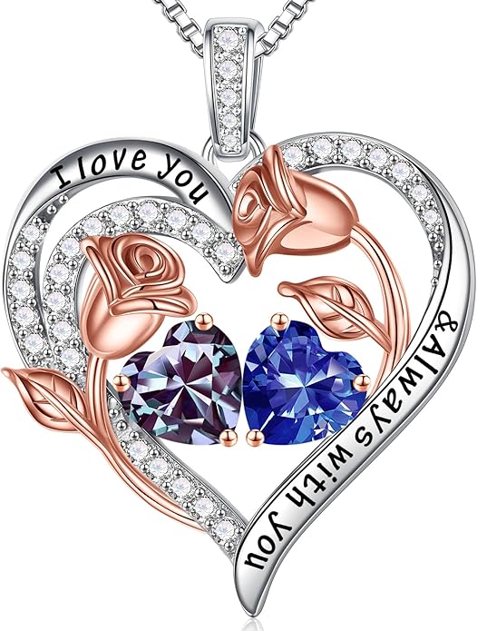 Iefil Valentines Day Gifts for Her - 925 Sterling Silver Rose Heart Birthstone Necklace Birthday Anniversary Jewelry Gifts for Her Wife Mom Daughter