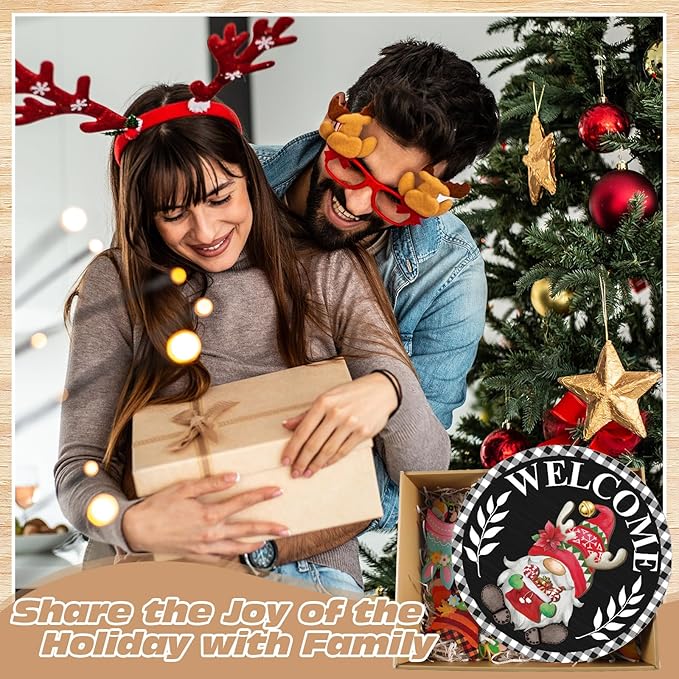 Qunclay Interchangeable Wooden Gnome Decor Holiday Seasonal Gnome Decorations with Magnet Pieces and Detachable Hats Changeable Welcome Sign for Home (Black Watercolor)