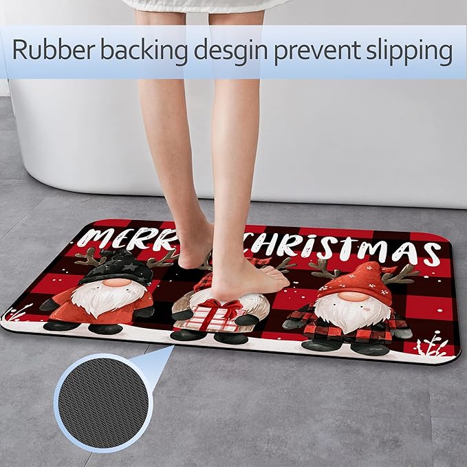 Christmas Gnomes Bathroom Mat, Non-Slip Rubber Backing Thin Low-Profile Bath Rug, Easy-Clean Bathroom Floor Mat for Shower, Bathtub, Kitchen, or Entryway